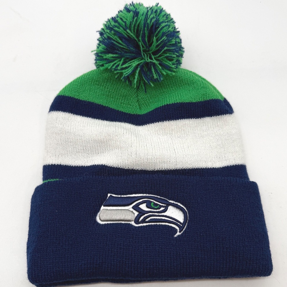 NFL Seattle Seahawks Bud Light Beanie Hat Navy Blue Green White Knit Pom Cuffed